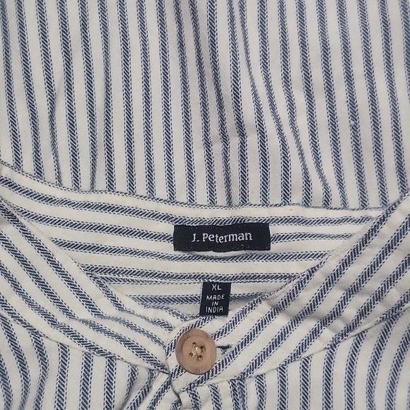 J. Peterman Vintage Navy and White Striped Button Down Poets XL,  Collarless Bnd - Picture 6 of 7